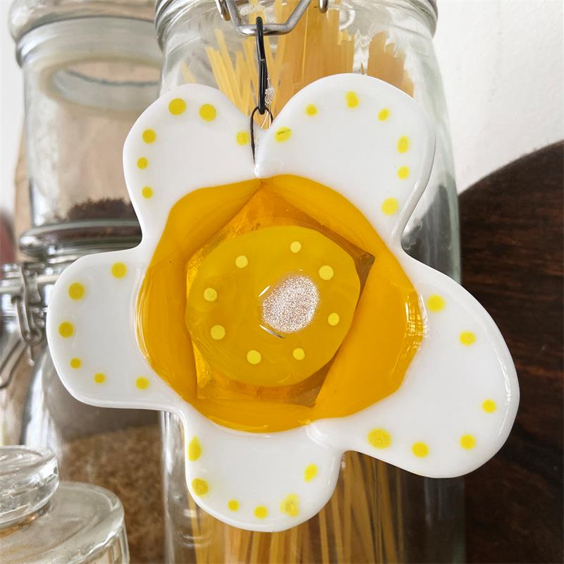White & Yellow Fused Glass Bloom by molten wonky