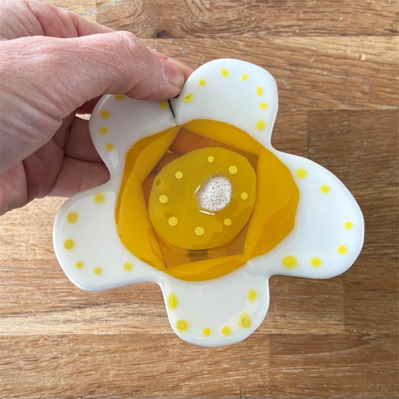 White & Yellow Fused Glass Bloom by molten wonky