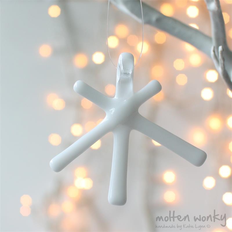 White Opaque fused glass star hanging decoration made by molten wonky