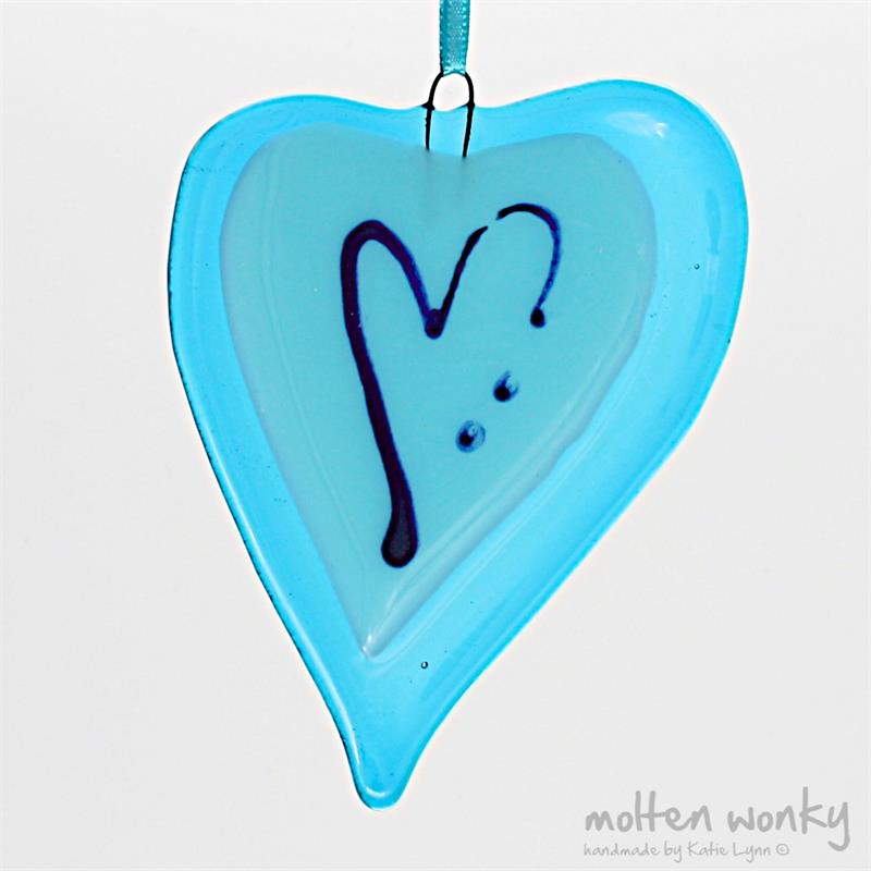 blue with a line fused glass love heart hanging decoration made by molten wonky