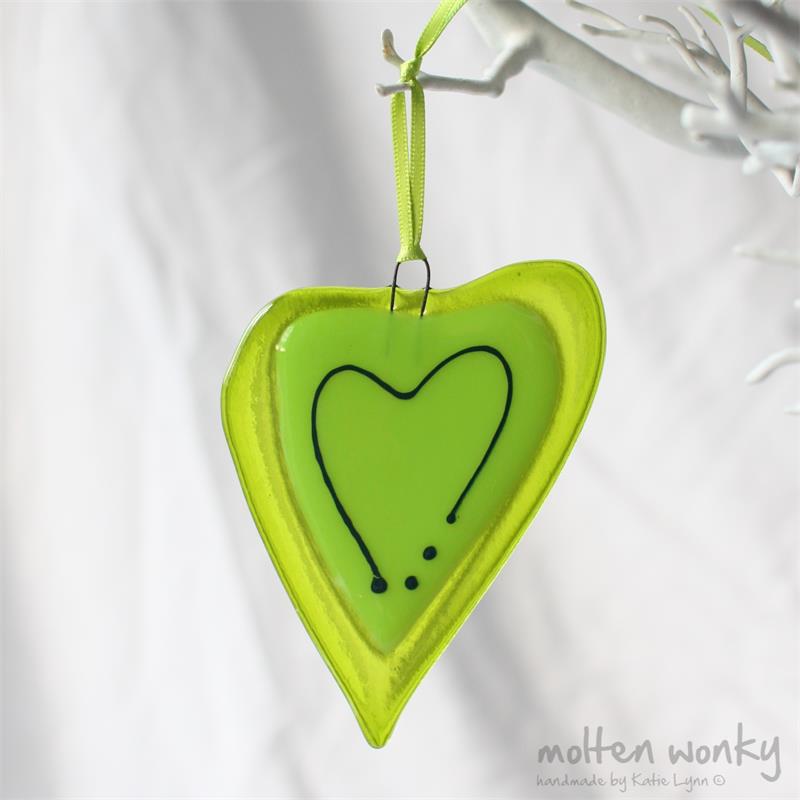 green with a line fused glass love heart hanging decoration made by molten wonky