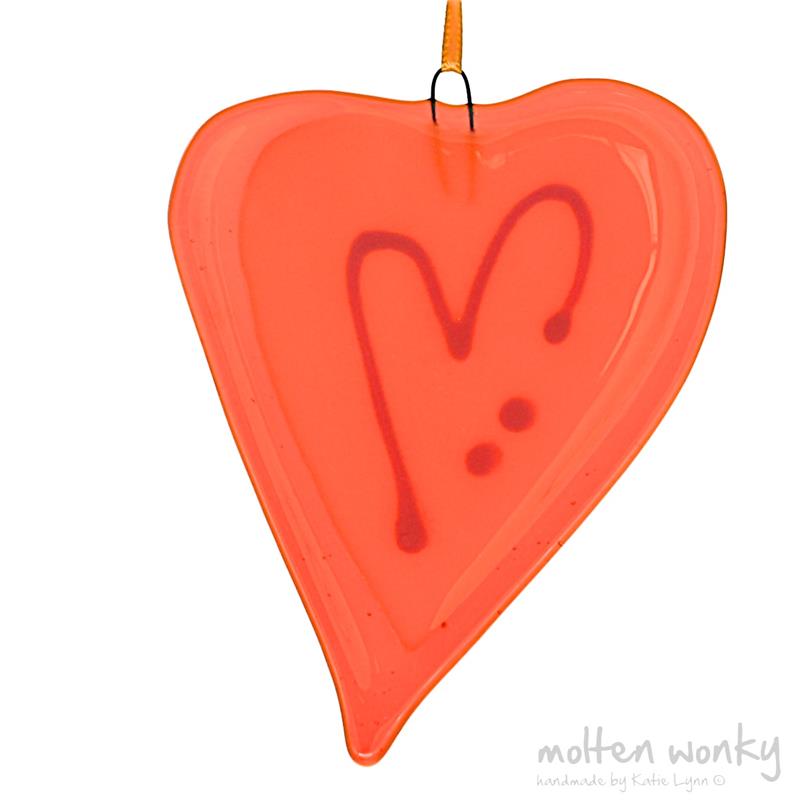 orange  fused glass love heart decoration handmade by molten wonky