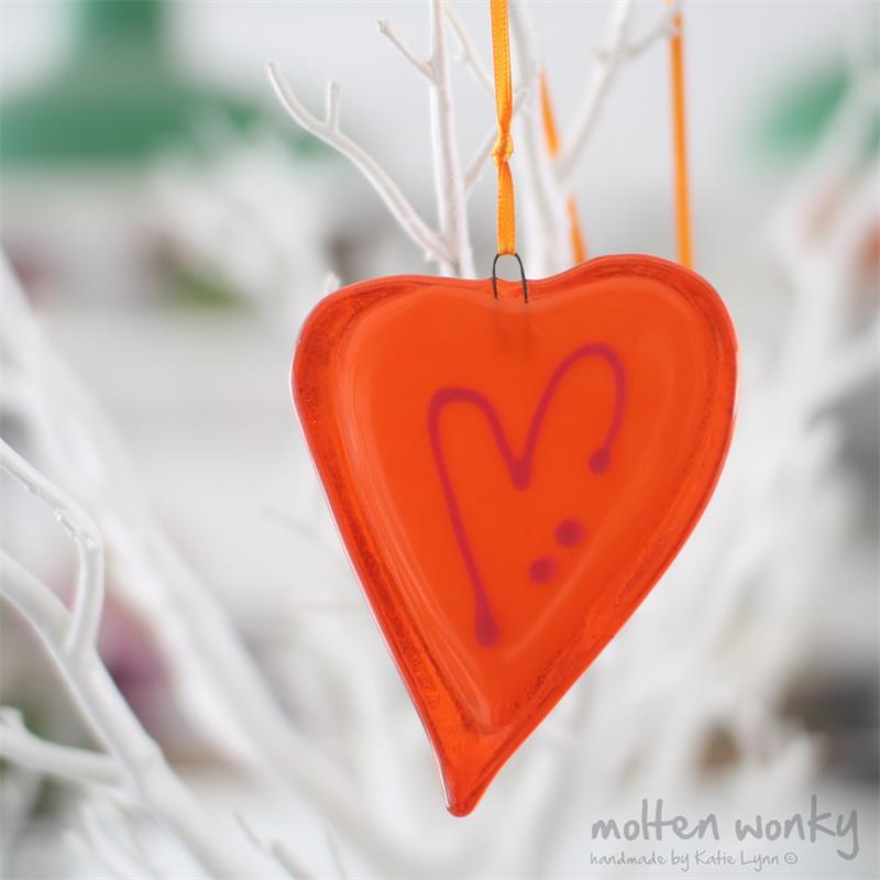 orange  fused glass love heart decoration handmade by molten wonky