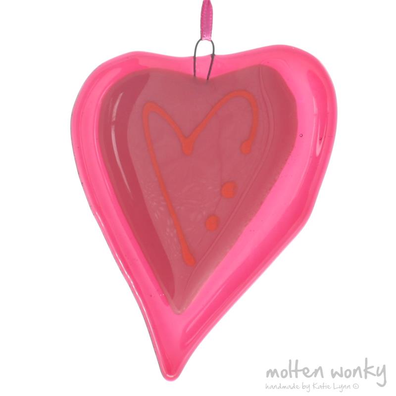 pink fused glass love heart decoration handmade by molten wonky