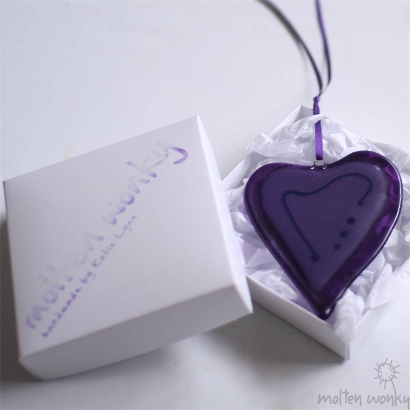 purple fused glass wonky love heart