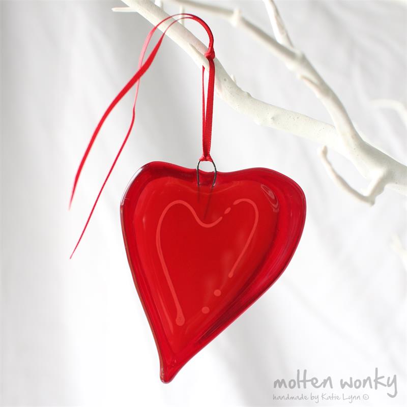 red with a line fused glass love heart hanging decoration made by molten wonky