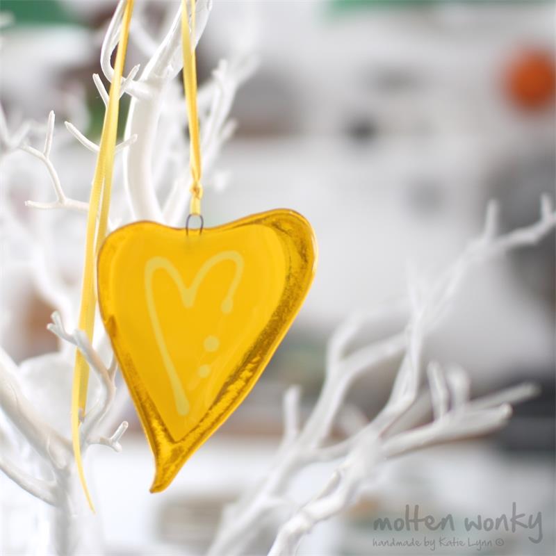 yellow fused glass love heart decoration handmade by molten wonky