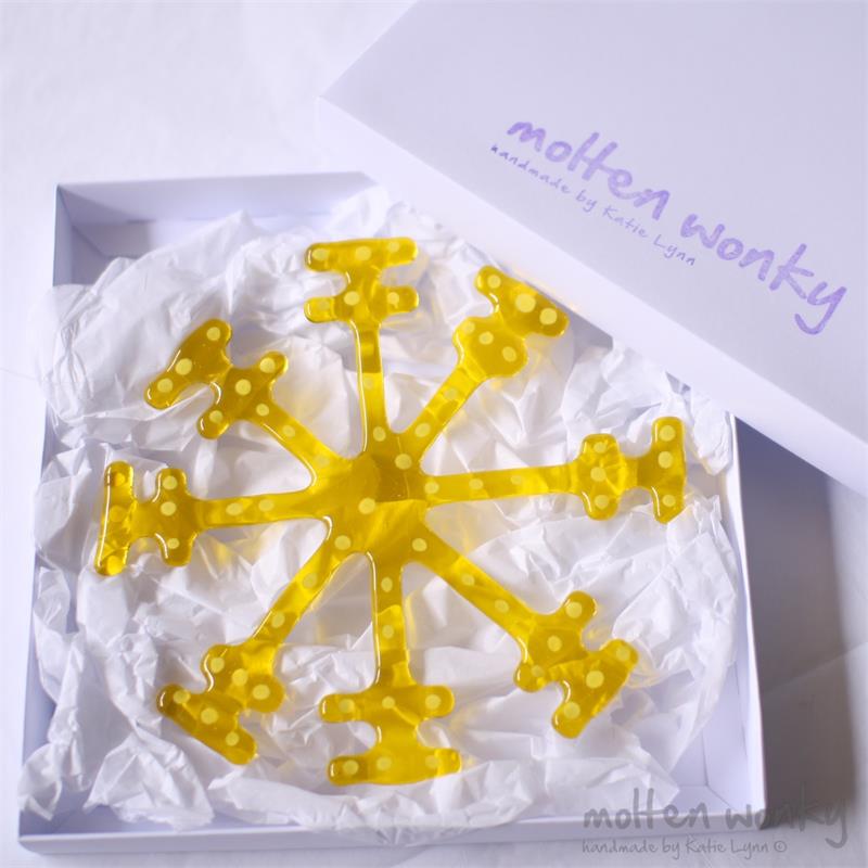 Yellow fused glass snow flake hanging decoration