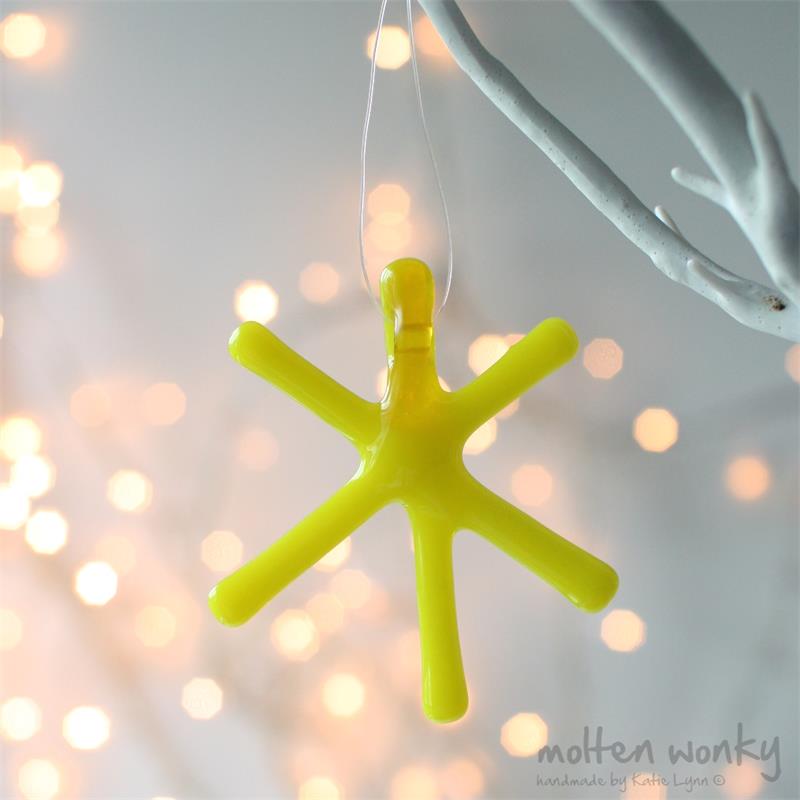 Yellow Opaque fused glass star hanging decoration made by molten wonky