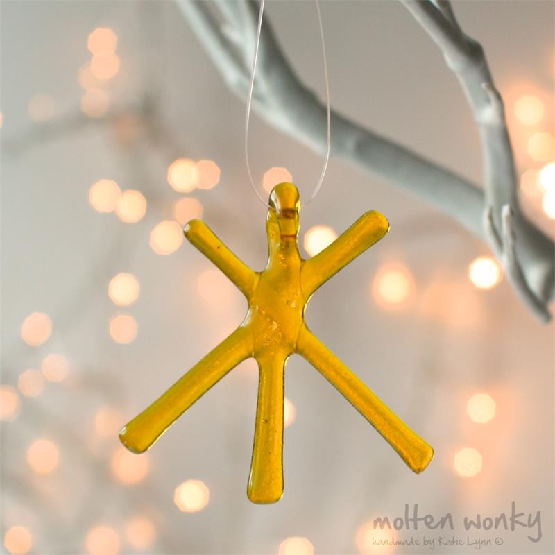 Yellow Transparent fused glass star hanging decoration made by molten wonky